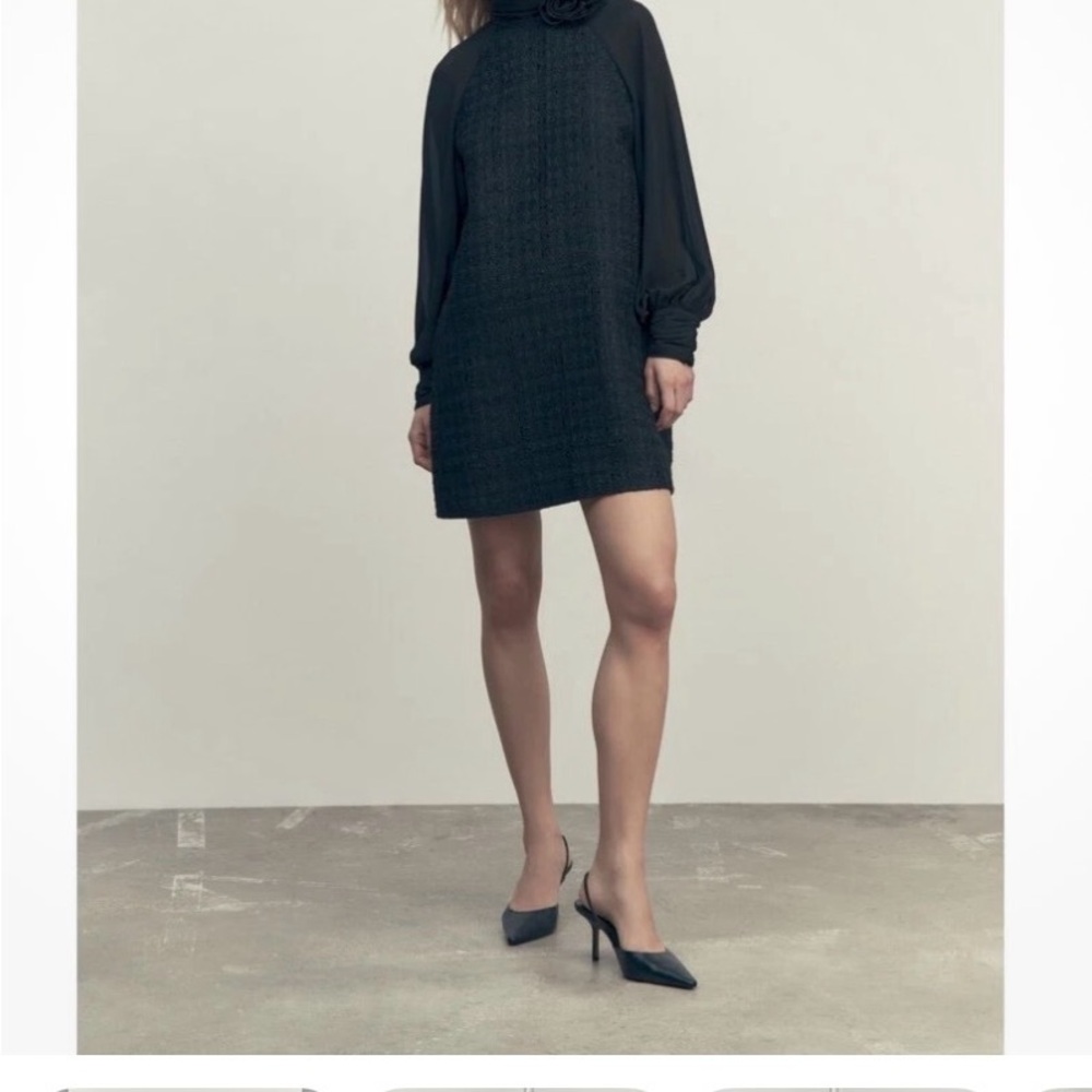 Zara Black Long Sleeve Tweed Shift Dress